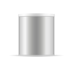 Grey tin can with plastic cap for baby powder milk, tee, coffee, cereal, grain, candies, cookies and other products. Vector packaging. Metallic container.