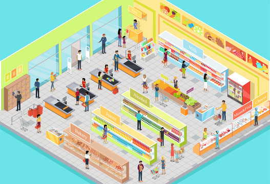 Supermarket Interior In Isometric Projection. 3D