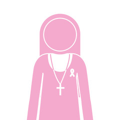 silhouette pink half body nun with ribbon of breast cancer vector illustration