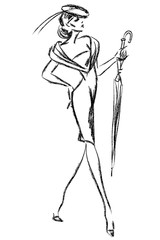 Black and white retro fashion woman model. Hand drawn vector