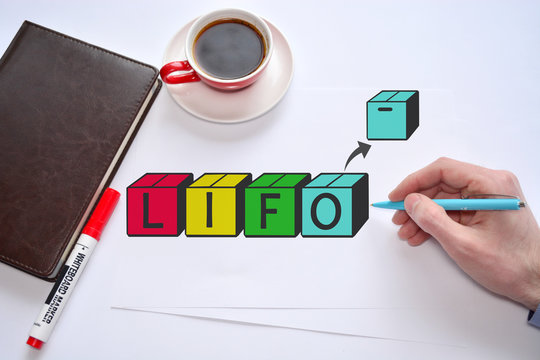 Last in first out. LIFO. Accounting and storaging