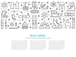 Vector linear icons set of symbols denoting the various types of winter recreation and pastimes such as skiing, snowboarding, skating. The types of winter recreation.