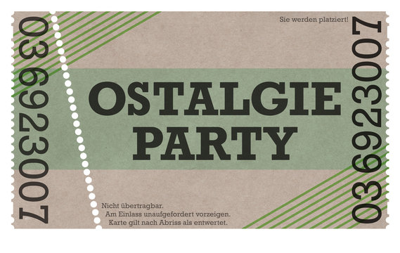Ostalgie Party - Eintrittskarte Ticket DDR Design Stil - Old Style- East German  altes Ticket Abrei&szlig;ticket Abrisskarte Ticket mit Perforierung Eintrittskarte Abriss Abri&szlig; mit L&ouml;chern