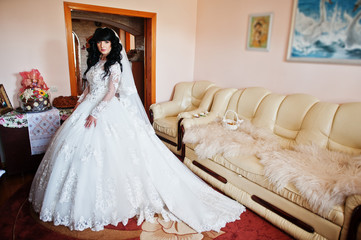 Fototapeta na wymiar Glamorous brunette bride posed on her room at wedding day.