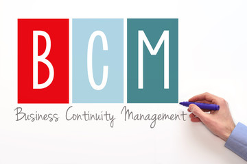 BCM. Business continuity management sign on white background - obrazy, fototapety, plakaty
