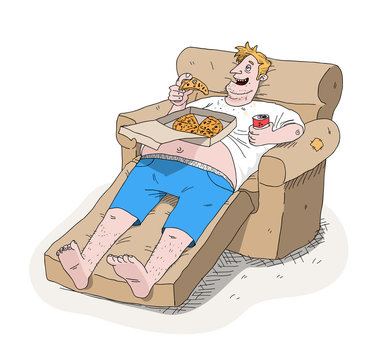 Fat Guy Couch Potato Obesity. A hand drawn vector cartoon illustration of a lazy fat guy eating pizza and drinking soda on the couch.