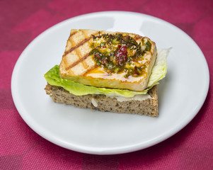 Closeup of sandwich with grilled tofu