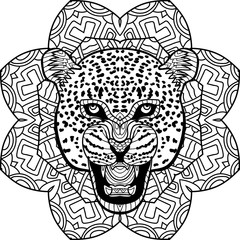 Stern Jaguar on a background of a circular mandala pattern. Coloring antistress page book. Element for your design.