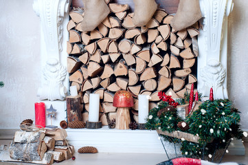 Home interior. A room with a fireplace and Christmas decorated