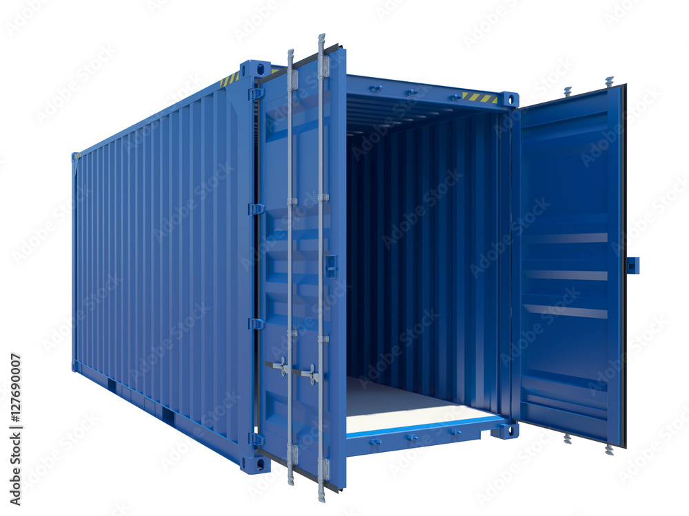 Wall mural open blue cargo container. isolated on white