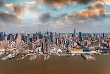 Helicopter view of Midtown Manhattan on a sunny day