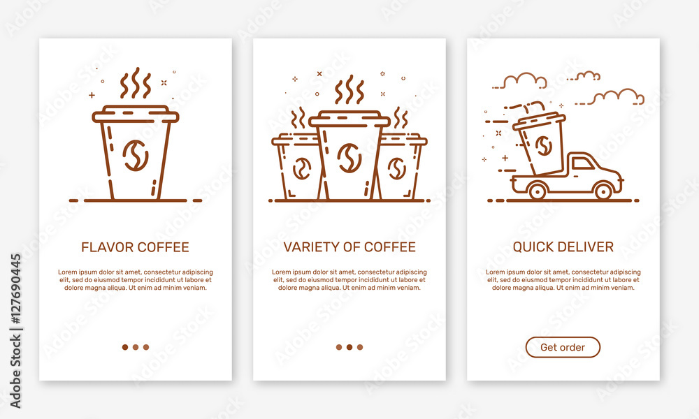 Aufkleber vector illustration of onboarding app screens and outline web concept coffee delivery service for mo