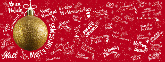Merry Christmas greetings web banner from world in different languages with golden ball tree, calligraphic text and font handwritten lettering