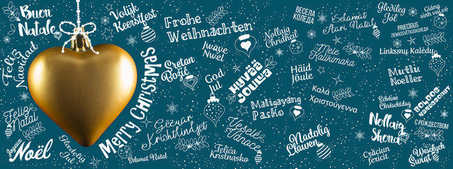 Merry Christmas greetings web banner from world in different languages with golden heart tree, calligraphic text and font handwritten lettering