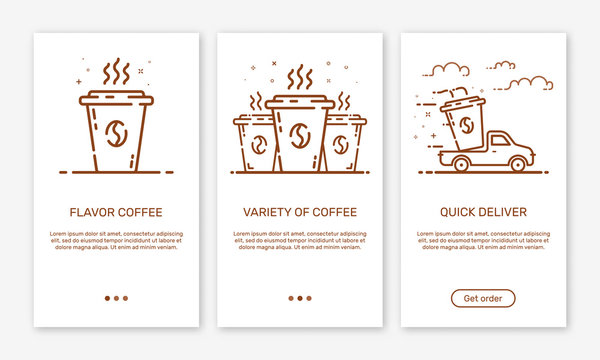Vector Illustration of onboarding app screens and outline web concept coffee delivery service for mobile apps . Modern brown interface UX, UI GUI screen template for smart phone or web site banners.