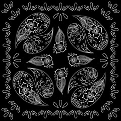 Black and white abstract bandana print with  element henna style. Square pattern design for pillow, carpet, rug. Design for silk neck scarf, kerchief, hanky