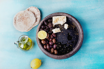 Variety of Greek olives with Feta