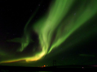 Breathtaking northern lights flashing on the autumn night sky, the southern part of Iceland 