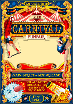 Circus juggler show Retro Template. Cartoon Poster Invite. Kids game Birthday Party Insight. Carnival festival Background Juggling Acrobatic Cabaret Vintage vector background. Acrobat Clown theme.