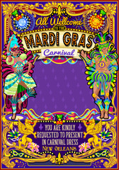 Mardi Gras festival poster illustration. New Orleans night Show Carnival Party Parade masquerade invitation card template. Latin dance event with samba or salsa dancer theme. Carnival mask lily vector