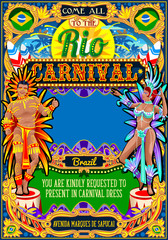 Rio Carnaval festival poster illustration. Brazil night Show Carnival Party Parade masquerade invitation card template. Latin dance event with samba or salsa dancer theme. Carnival mask vector symbol