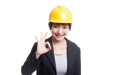 Asian engineer woman show OK sign.