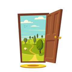 Open door. Valley landscape. Cartoon vector illustration.