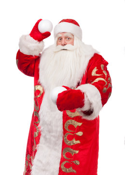 Santa Claus with a snowball on a white background