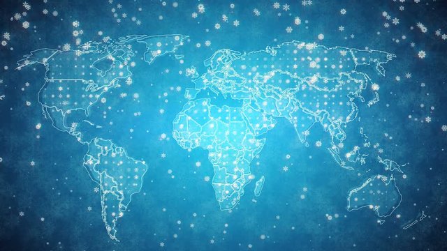 Blue Snowy Looped Backgrounds World Map Pack 4K. Winter animated backgrounds. A looped animation of falling snowflakes on the World map covered with snow.