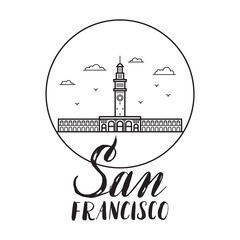 San Francisco illustration with modern lettering and ferry build