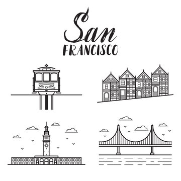 San Francisco illustration with modern lettering, painted ladies