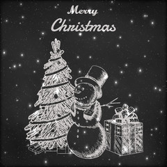 Christmas or New year hand drawn vector illustration. Snowman in tall hat, xmas tree and gift box sketch, vintage style. Grunge blackboard background.