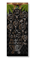 Black Friday background. Big Christmas Sale. Discounts. Balloons with the indication of the size of discounts, shopping cart and gold lettering on a black background. Vector illustration