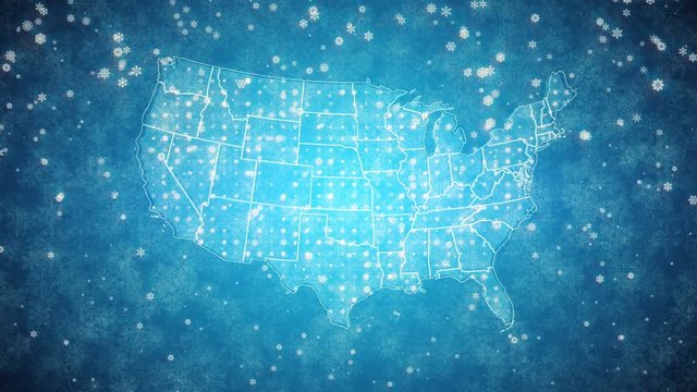 Blue Snowy Looped Backgrounds Map of the USA Pack 4K. Winter animated backgrounds. A looped animation of falling snowflakes on the USA map covered with snow.