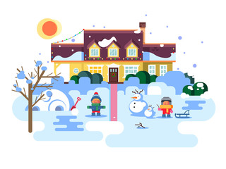 Naklejka premium Winter night children play