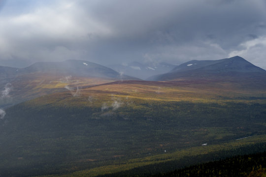 Sunlight giving golden colors to autumn forest with mountain and moody cloudscape background