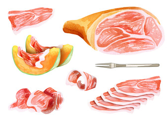 Prosciutto and jamon set. Watercolor