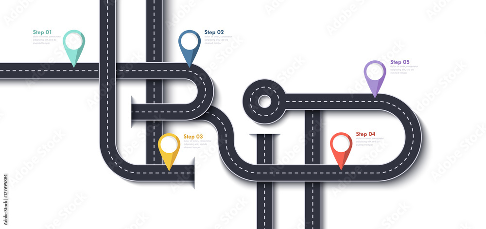 Poster road trip and journey route. business and journey infographic design template with pin-pointers and 