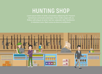 Hunting shop interior with rifle and gun weapon