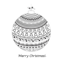 Greeting Christmas card  with Hand drawn ball with doodle decorative elements. Black and white pattern holiday greeting or invitation cards, print, wrapping paper, coloring book. Vector illustration.