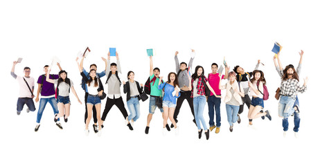 young student group  jumping people isolated on white
