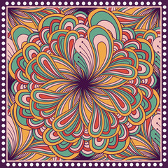 Bandana print with  fantasy flower. Square pattern design for pillow, carpet, rug. Design for silk neck scarf, kerchief, hanky