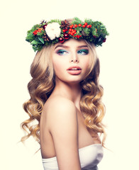 Christmas Woman with Makeup, Blond Curly Hair and Floral Xmas Wr