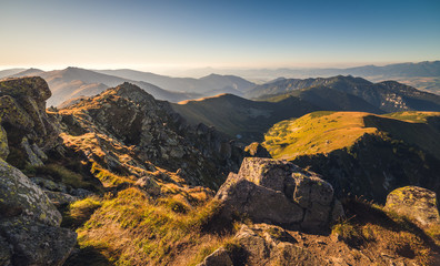 Evening Mountain Landscape with Rocks in Foreground. View from Mount Dumbier in Low Tatras National Park Slovakia.