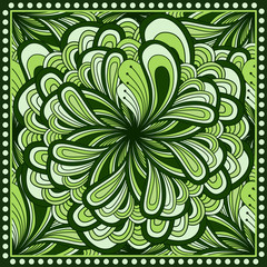 Bandana print with  fantasy flower in green color. Square pattern design for pillow, carpet, rug. Design for silk neck scarf, kerchief, hanky