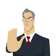 Angry boss and hand stop signal. Lateness concept. Creative office background. Flat style design vector illustration.