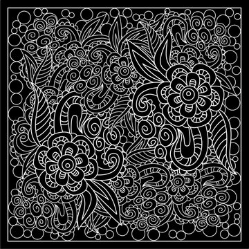 Black and white abstract bandana print with  fantasy flower. Square pattern design for pillow, carpet, rug. Design for silk neck scarf, kerchief, hanky
