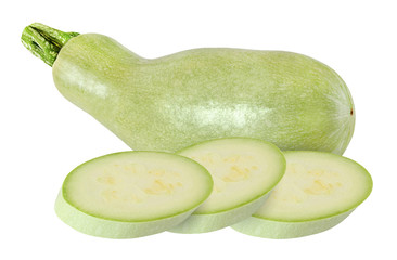whole and sliced light green zucchini isolated on white background with clipping path
