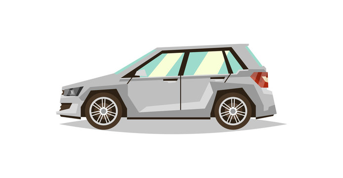 Gray car hatchback. Side view. Transport for travel. Gas engine. Flat style