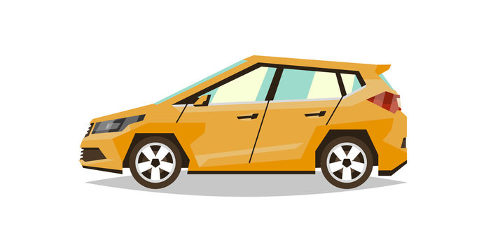 Orange car hatchback. Side view. Transport for travel. Gas engine. Flat style